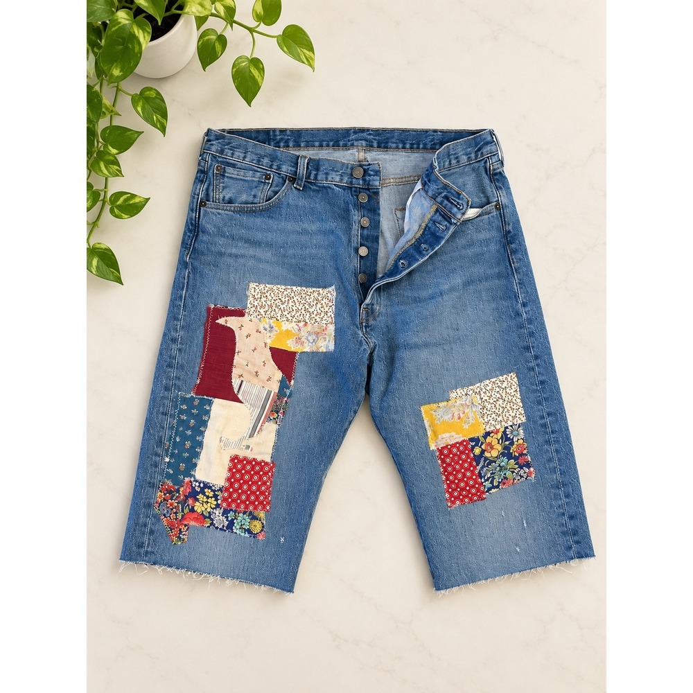 Levis 501 Upcycled Patchwork Denim Shorts Blue Waist 38 Distressed Cut Offs